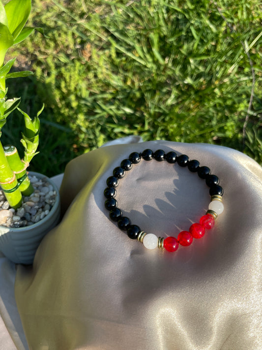 8mm Black Onyx & White Jade/Black CZ Bracelet