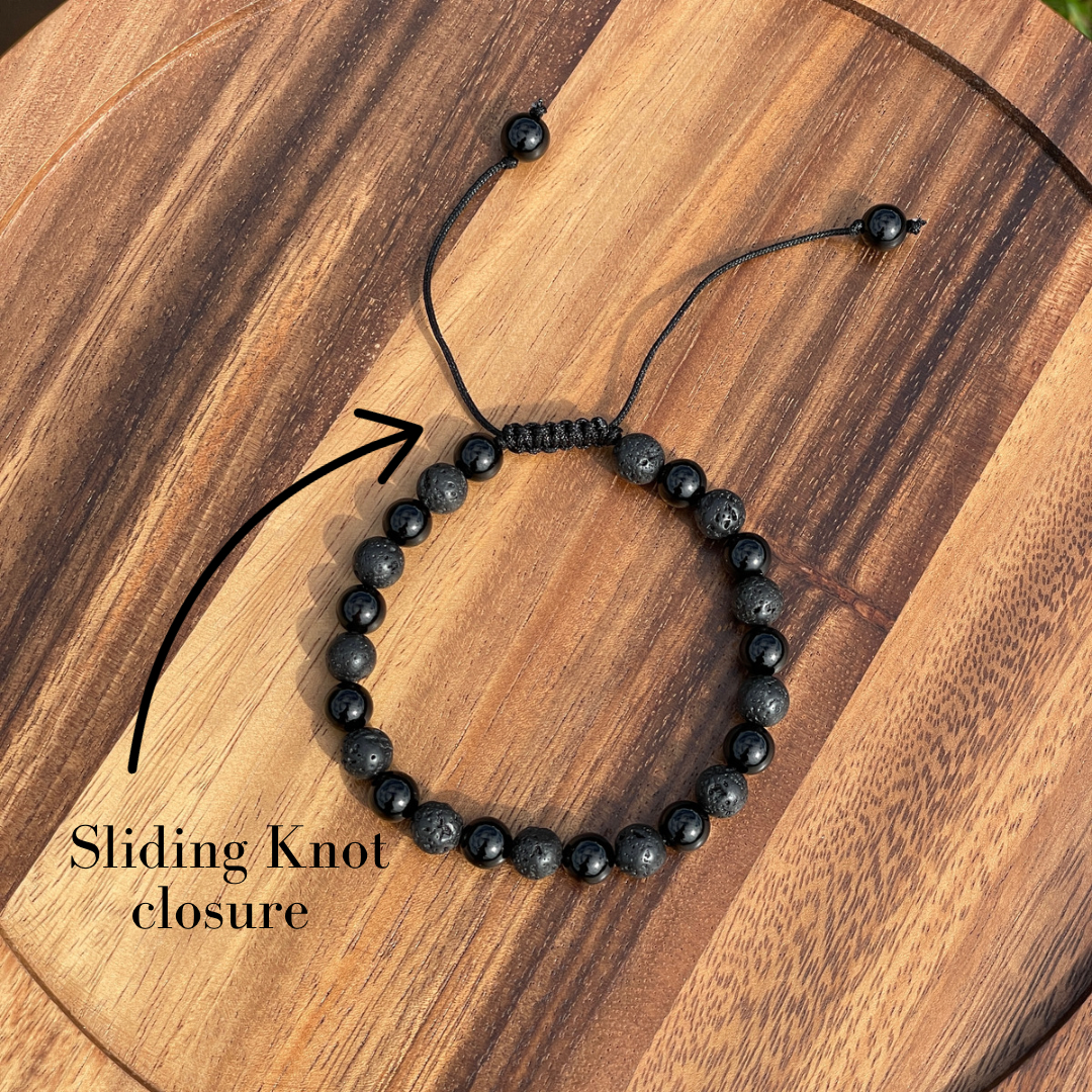 Black Onyx & Lava Stone sliding knot bracelet